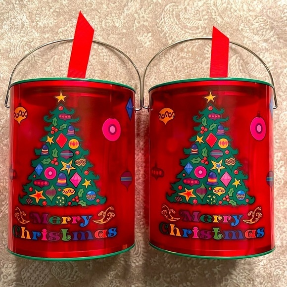 Brand New Set of 2 Christmas Tree Paint Can Cookie Holder Gift Set See Thru Red - Picture 1 of 12